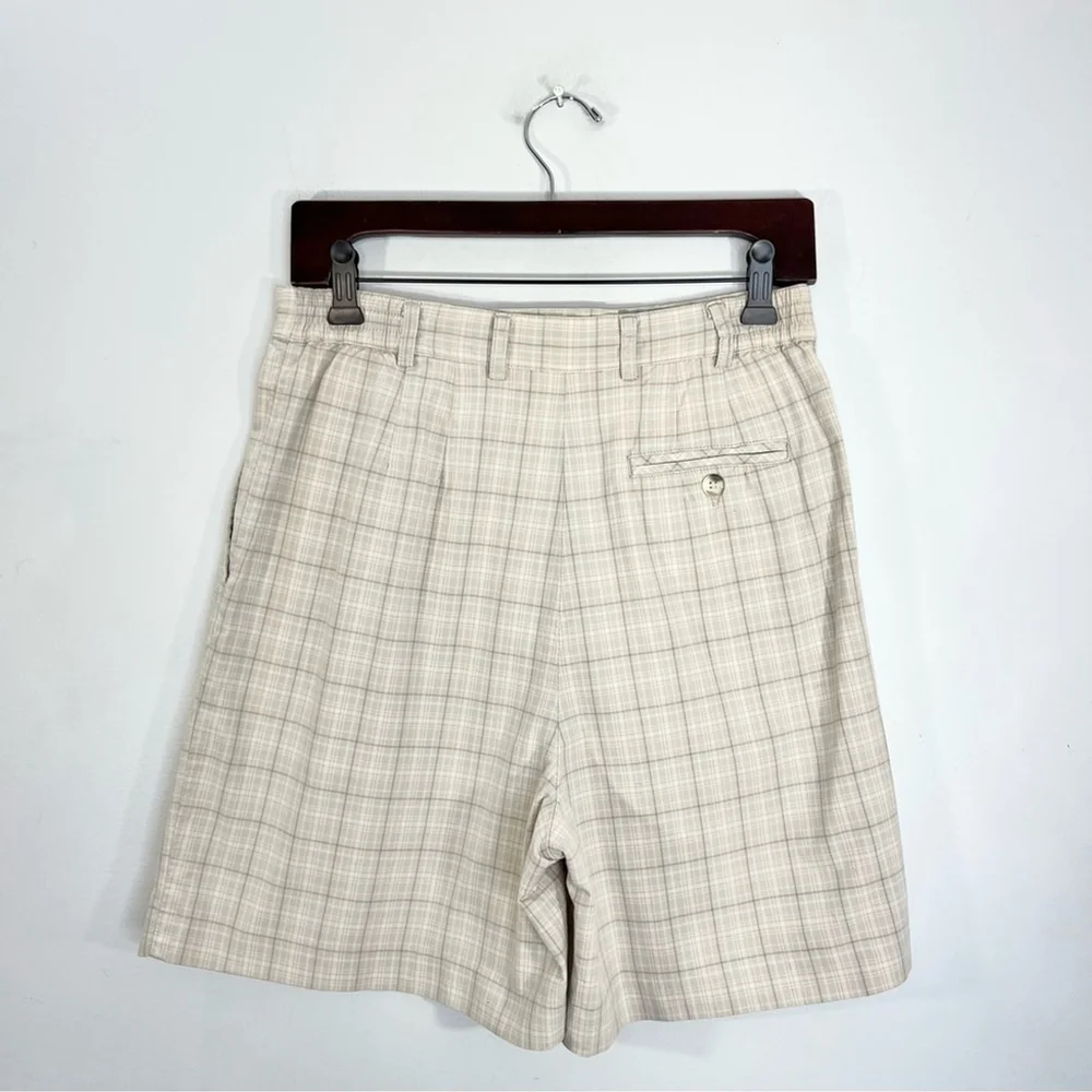 Vintage 80s 90s IZOD 100% cotton beige tan plaid pleated long Bermuda shorts 10